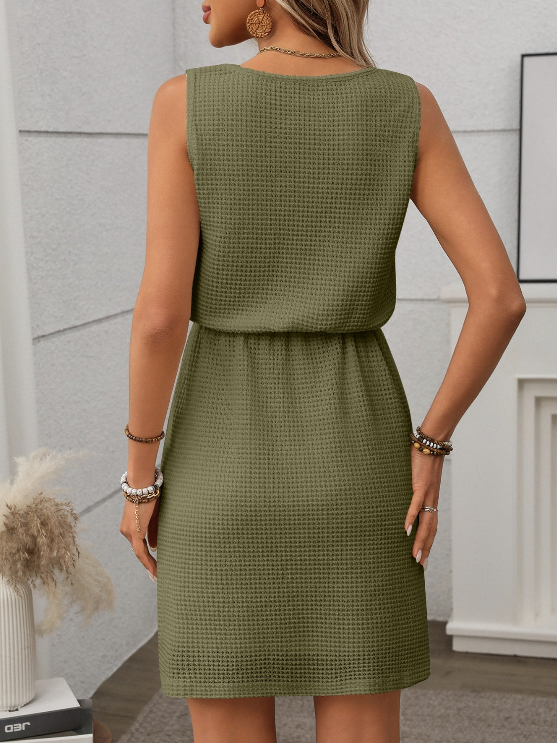 Hazel Blues® |  Waffle-Knit Drawstring Mini Tank Dress