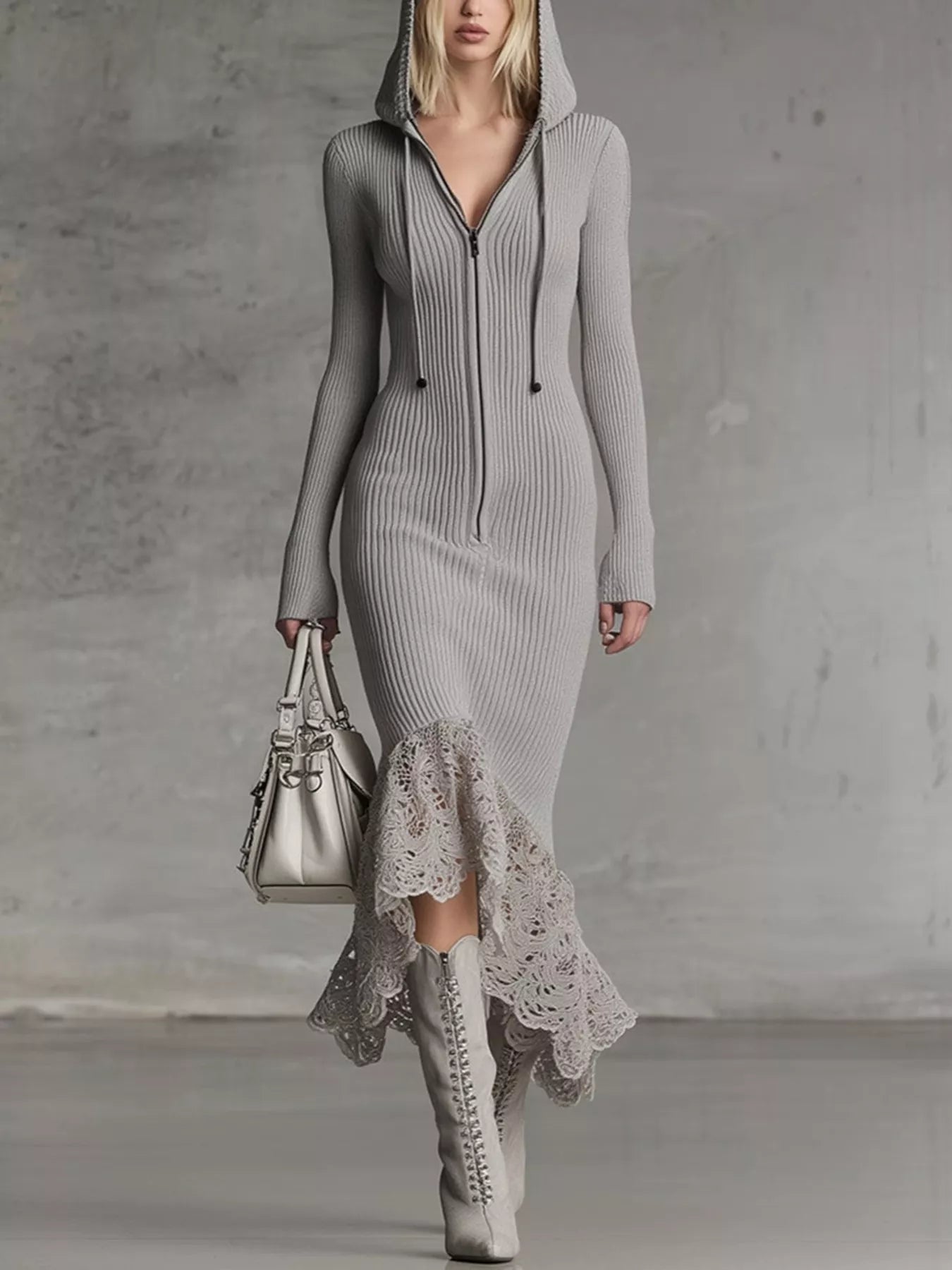 Hazel Blues® |  Hooded Ribbed Knit Lace Hem Midi Dress