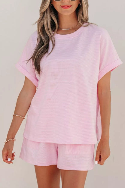 Hazel Blues® |  Stripe Matching Oversized Tee and Drawstring Shorts Set
