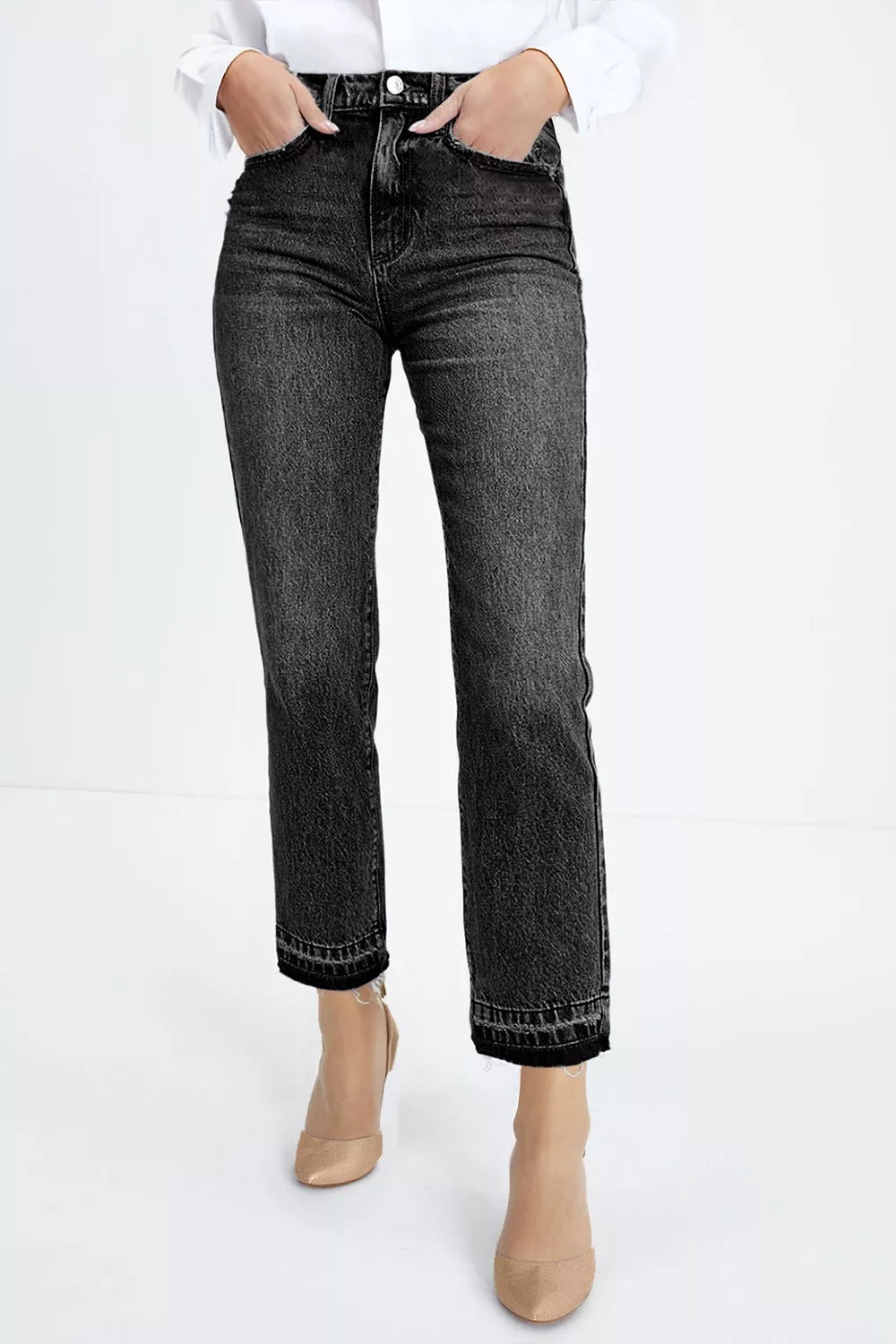 Hazel Blues® |  High-Waisted Distressed Hem Straight Leg Jeans