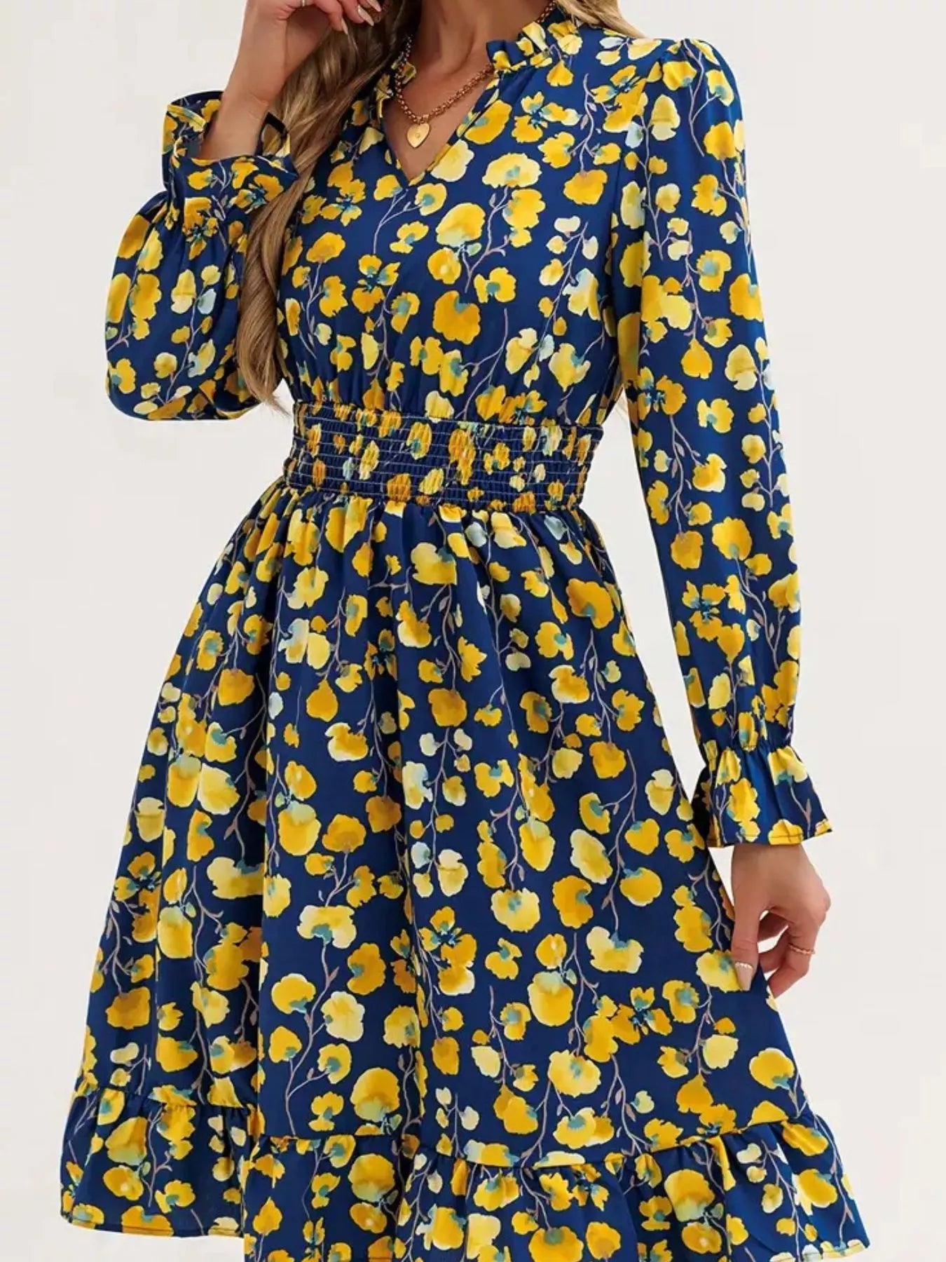 Hazel Blues® |  Floral Notched Flounce Sleeve Dress