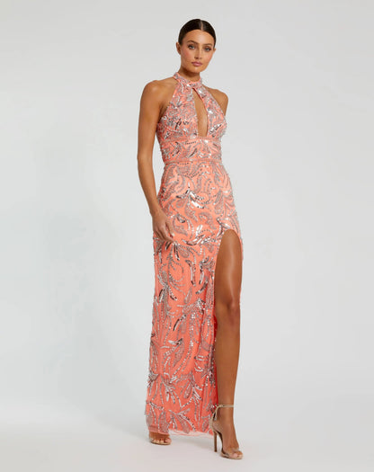 Pink Embellished High Neck Gown with Slit