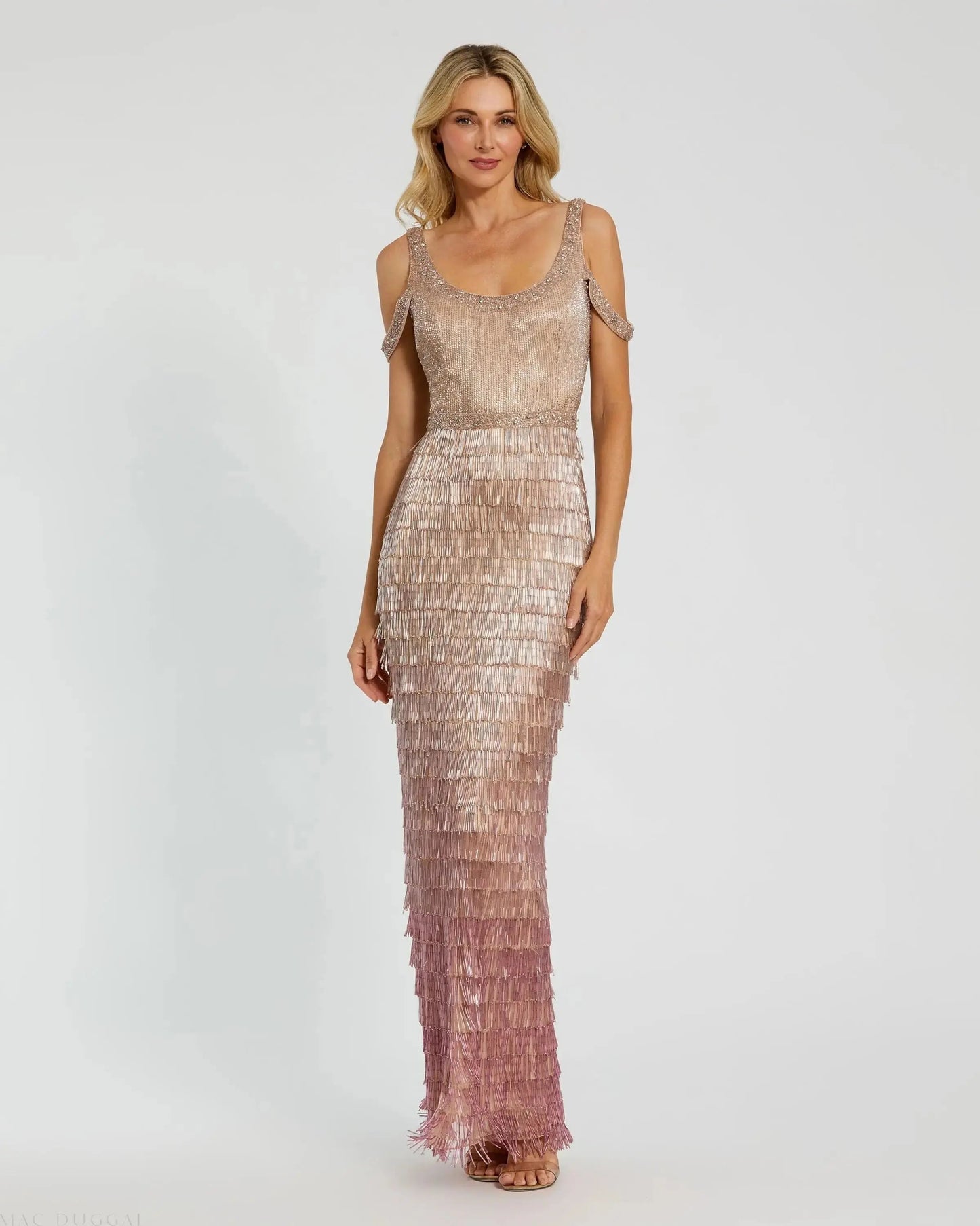 Pink Scoop Neck Embellished Fringe Ombre Gown