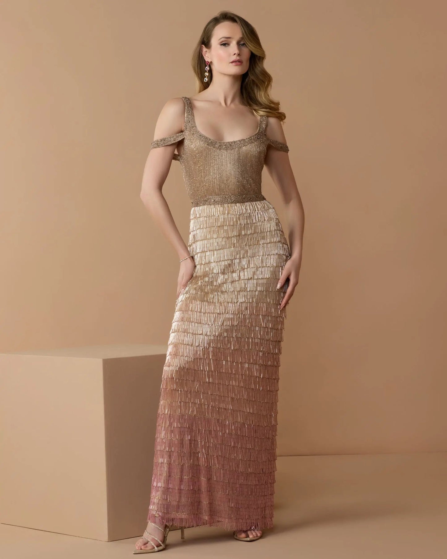 Pink Scoop Neck Embellished Fringe Ombre Gown