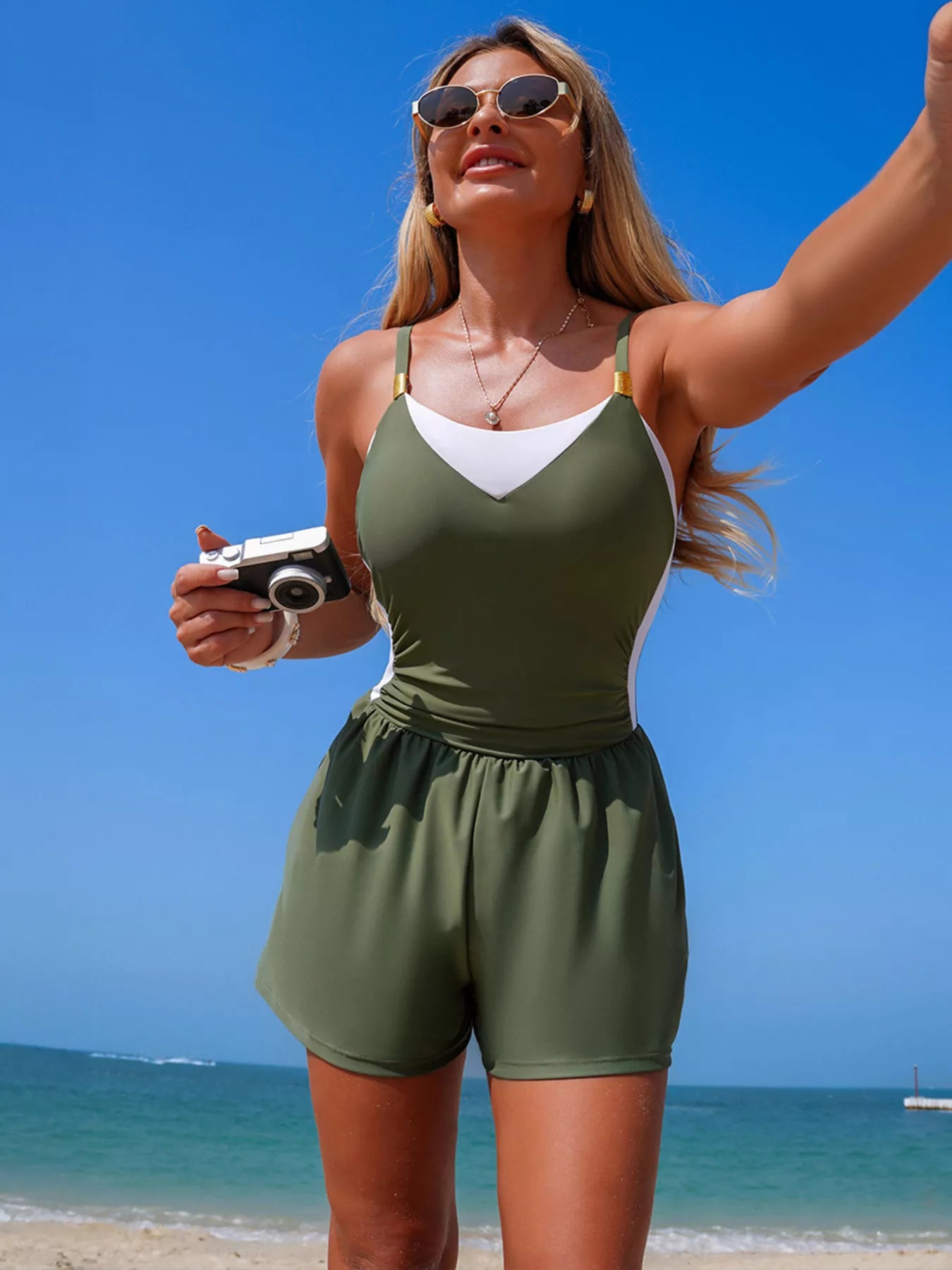 Hazel Blues® | Color Block Adjustable Strap One-Piece Swimsuit