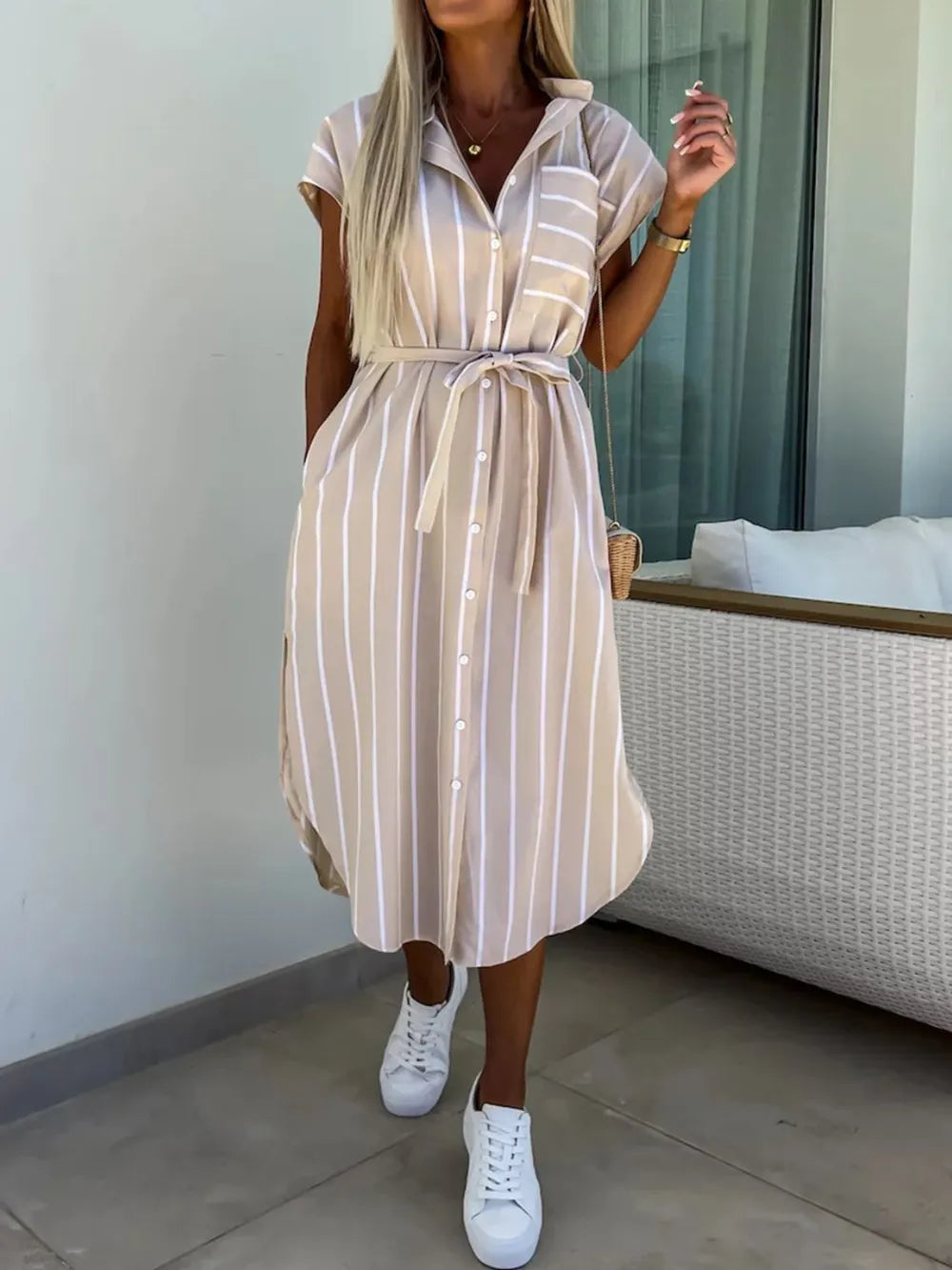 Hazel Blues® |  Striped Tie Waist Short Sleeve Dress