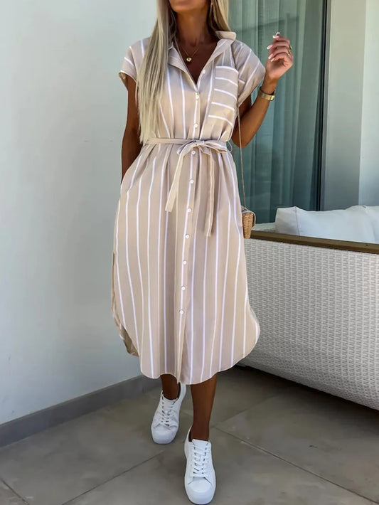 Hazel Blues® |  Striped Tie Waist Short Sleeve Dress