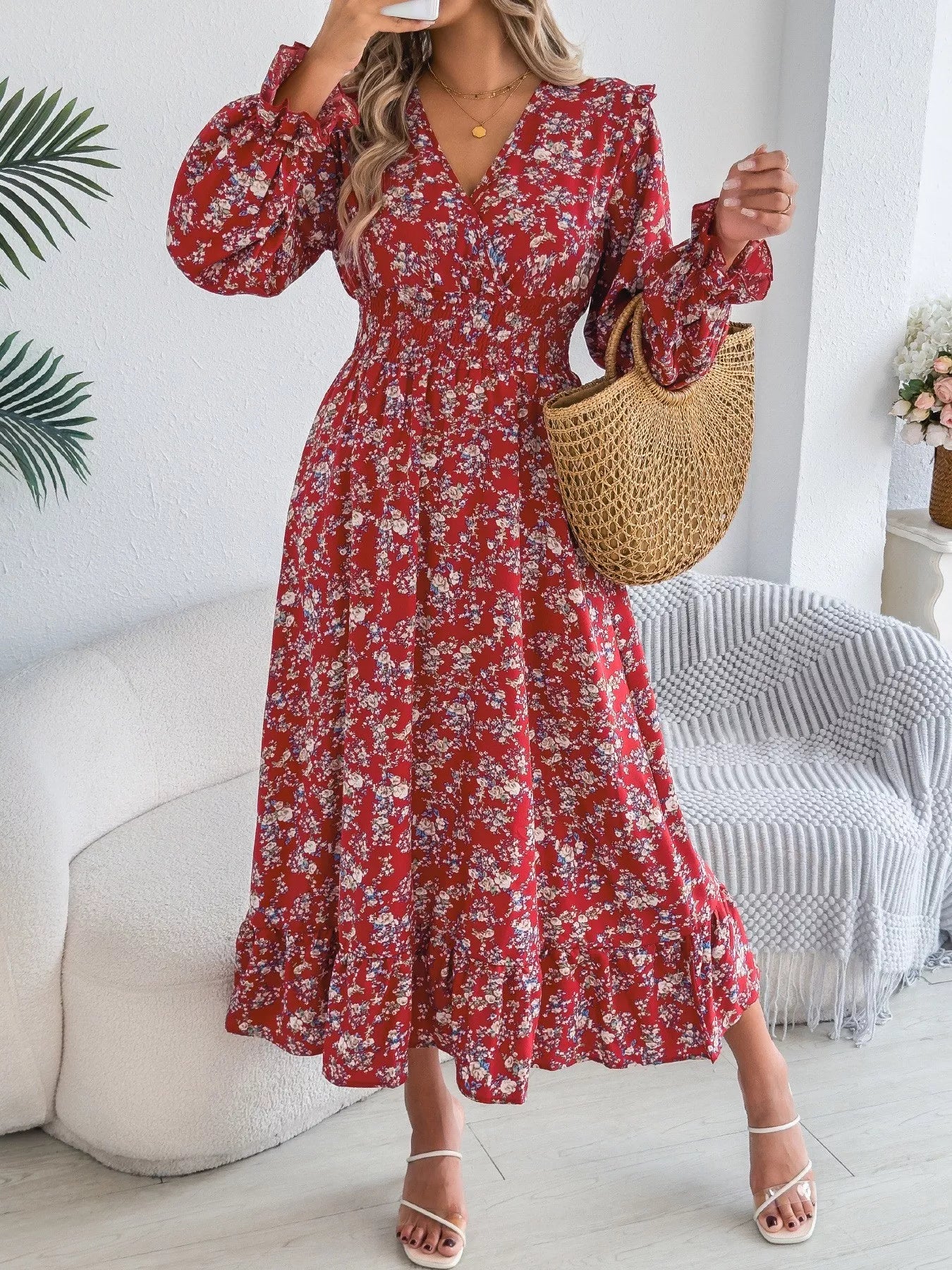 Hazel Blues® |  Ruffled Floral V-Neck Flounce Sleeve Dress