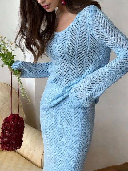 Hazel Blues® |  Openwork Long Sleeve Knit Top and Skirt Set