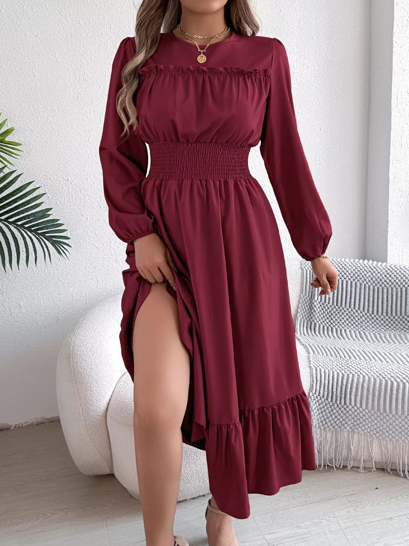 Hazel Blues® |  Round Neck Balloon Sleeve Tiered Dress