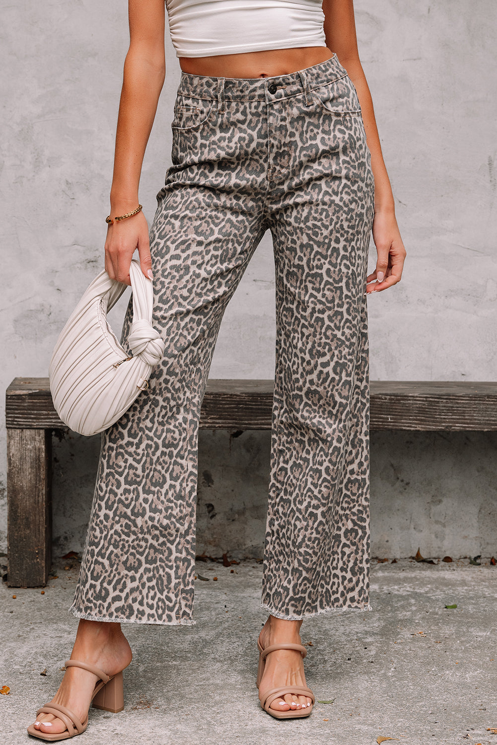 Hazel Blues® |  Gray Leopard Frayed Edge Wide Leg High Waist Jeans