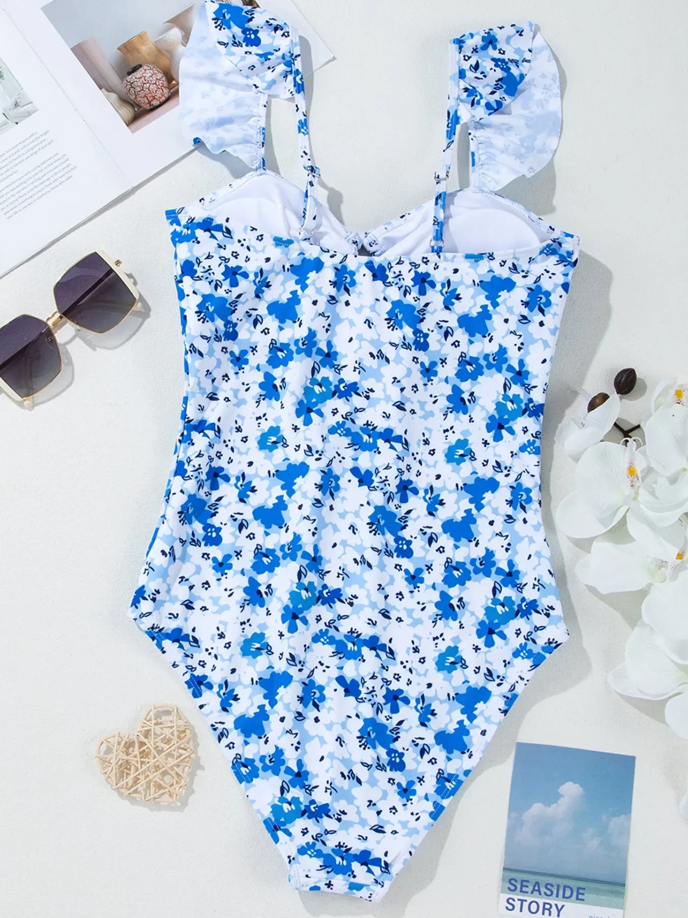 Hazel Blues® | Floral Ruffled Strap Lace-up Hollow Out One Piece Swimsuit