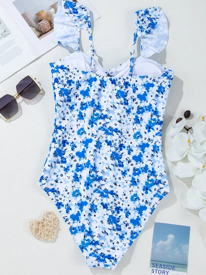 Hazel Blues® | Floral Ruffled Strap Lace-up Hollow Out One Piece Swimsuit