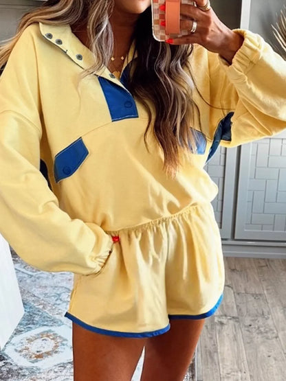 Hazel Blues® |  Color Block Patchwork Half Button Top and Shorts 2pcs Set