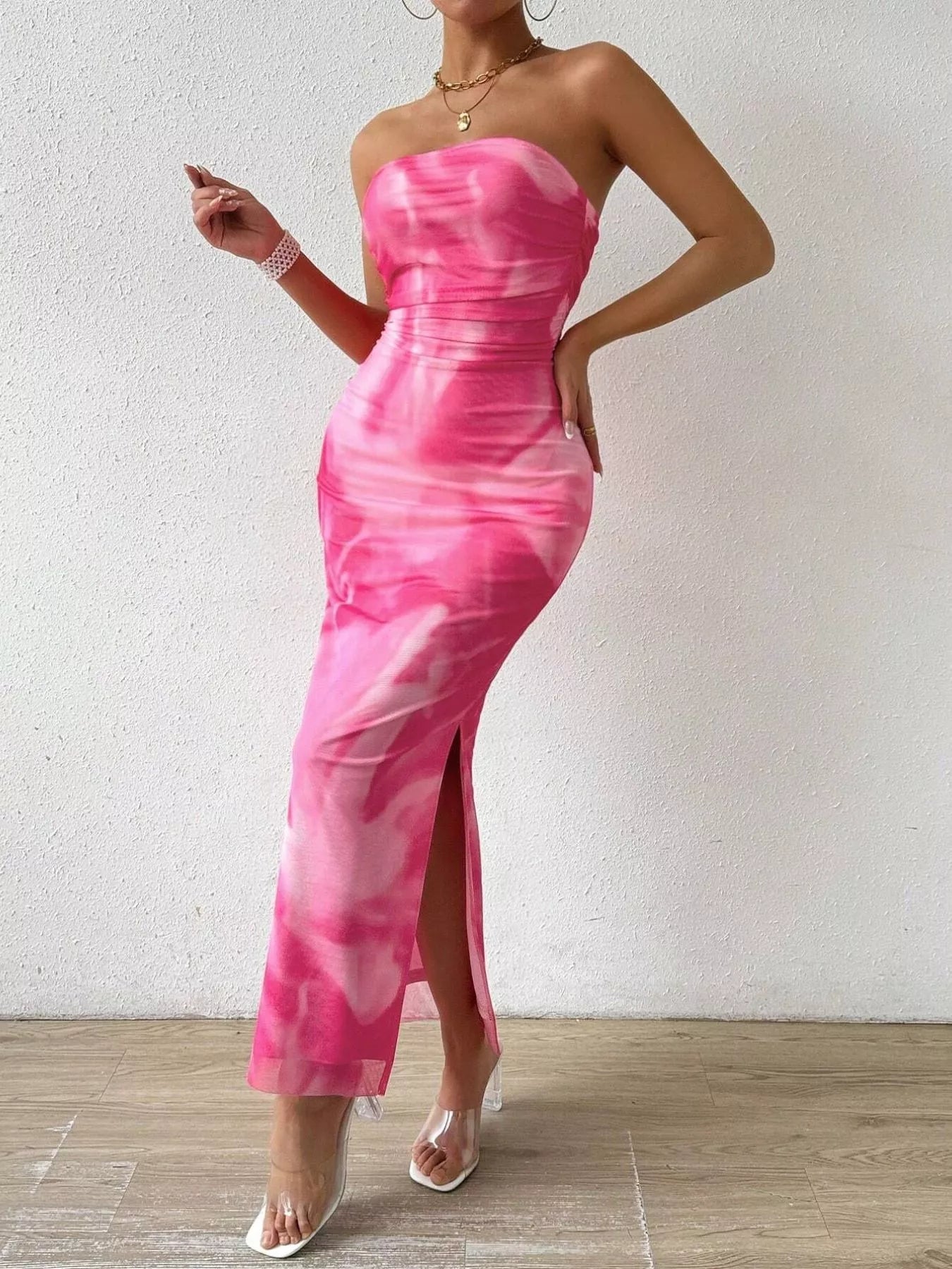 Hazel Blues® |  Tie-Dye Ruched Bodycon Tube Slit Dress