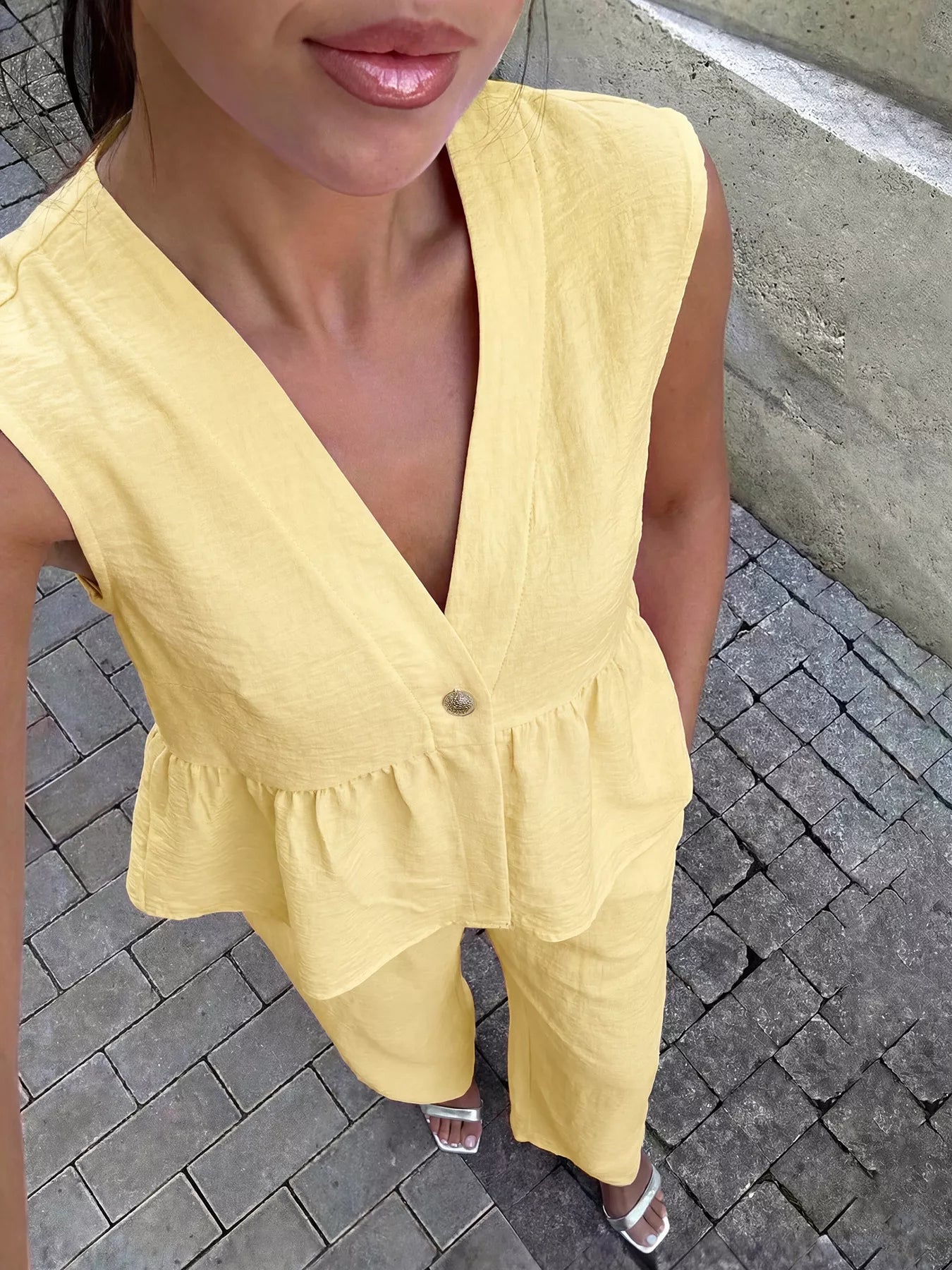 Hazel Blues® |  One Button Sleeveless Top and Pants Set