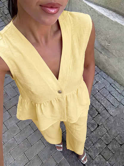 Hazel Blues® |  One Button Sleeveless Top and Pants Set