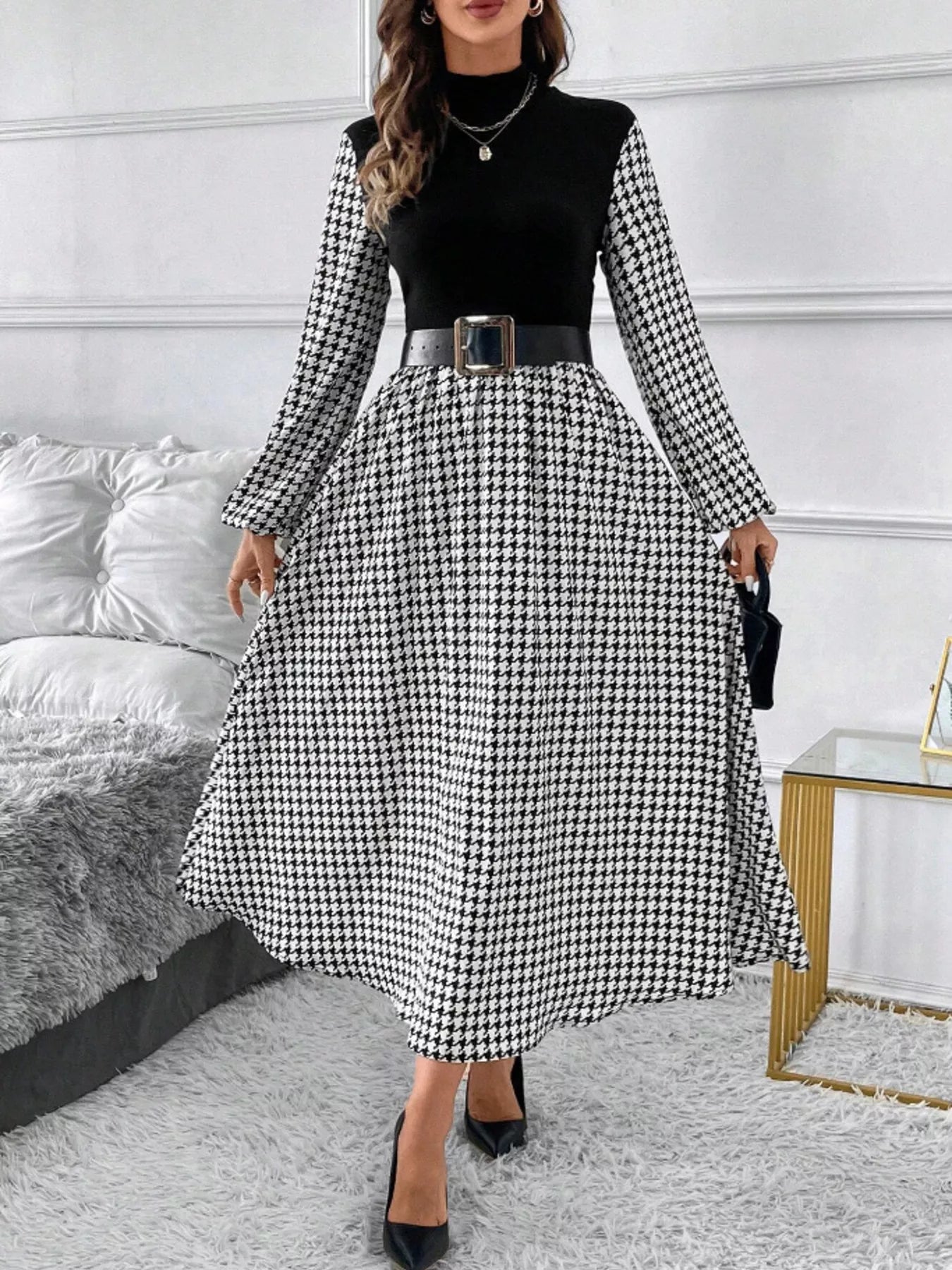 Hazel Blues® |  Houndstooth Mock Neck A-Line Dress