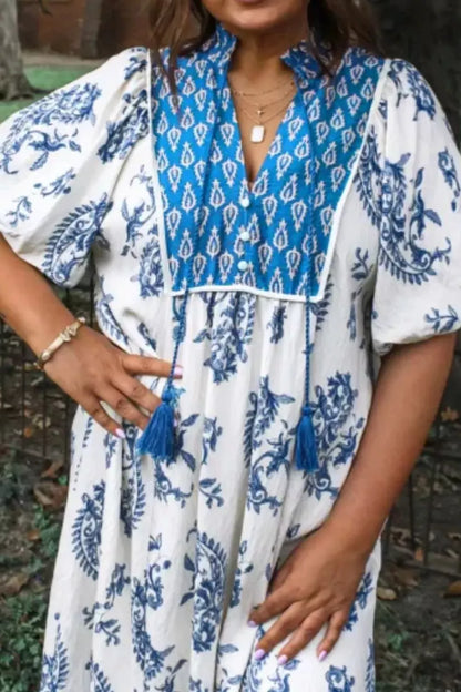 Hazel Blues® |  Floral Print Contrast Boho Patchwork V Neck Loose Midi Dress