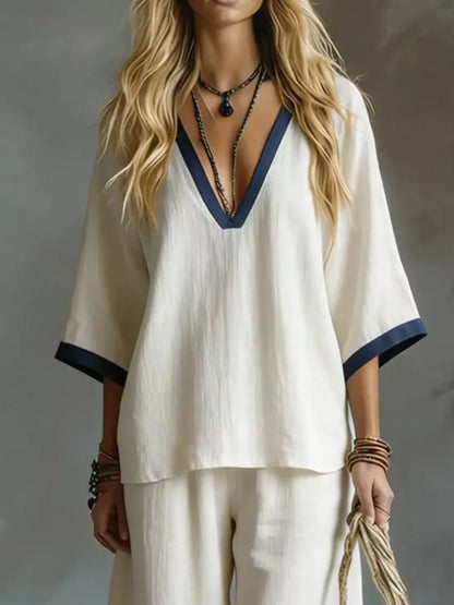 Hazel Blues® |  Contrast Trim V-Neck Top and Pants Set