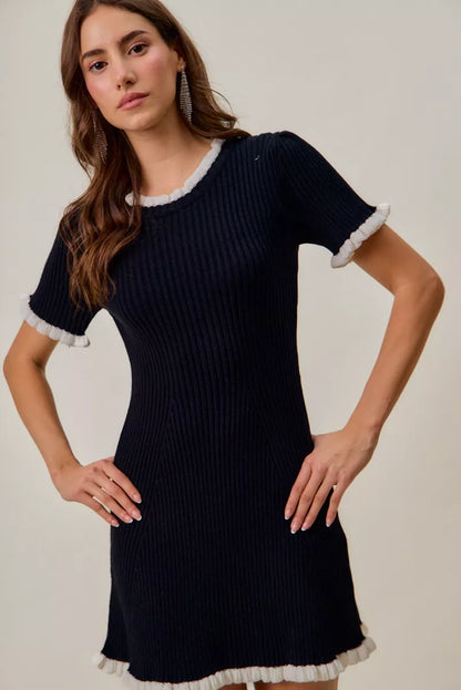 Hazel Blues® |  SO ME Contrast Ruffled Sweater Knit Mini Dress