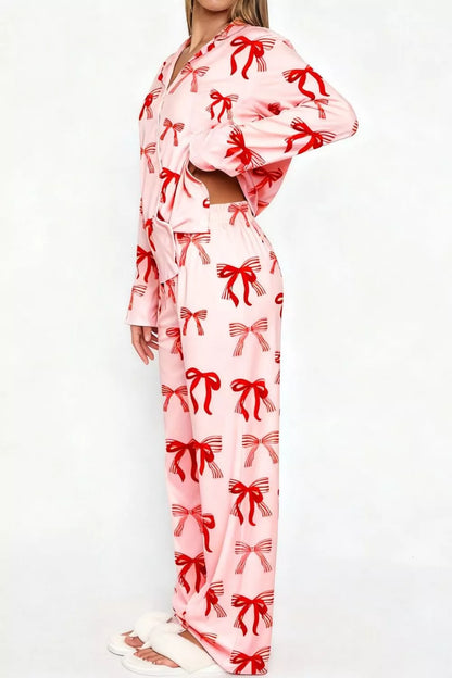 Hazel Blues® |  Bow Print Top and Wide Leg Pants Lounge Set
