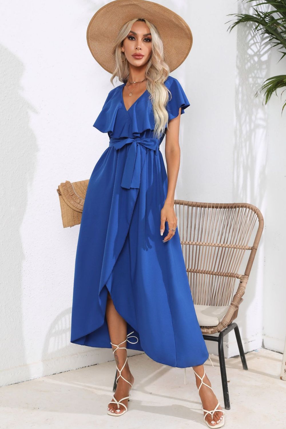 Hazel Blues® |  Tied Front Ruffled Short Sleeve Midi Dress