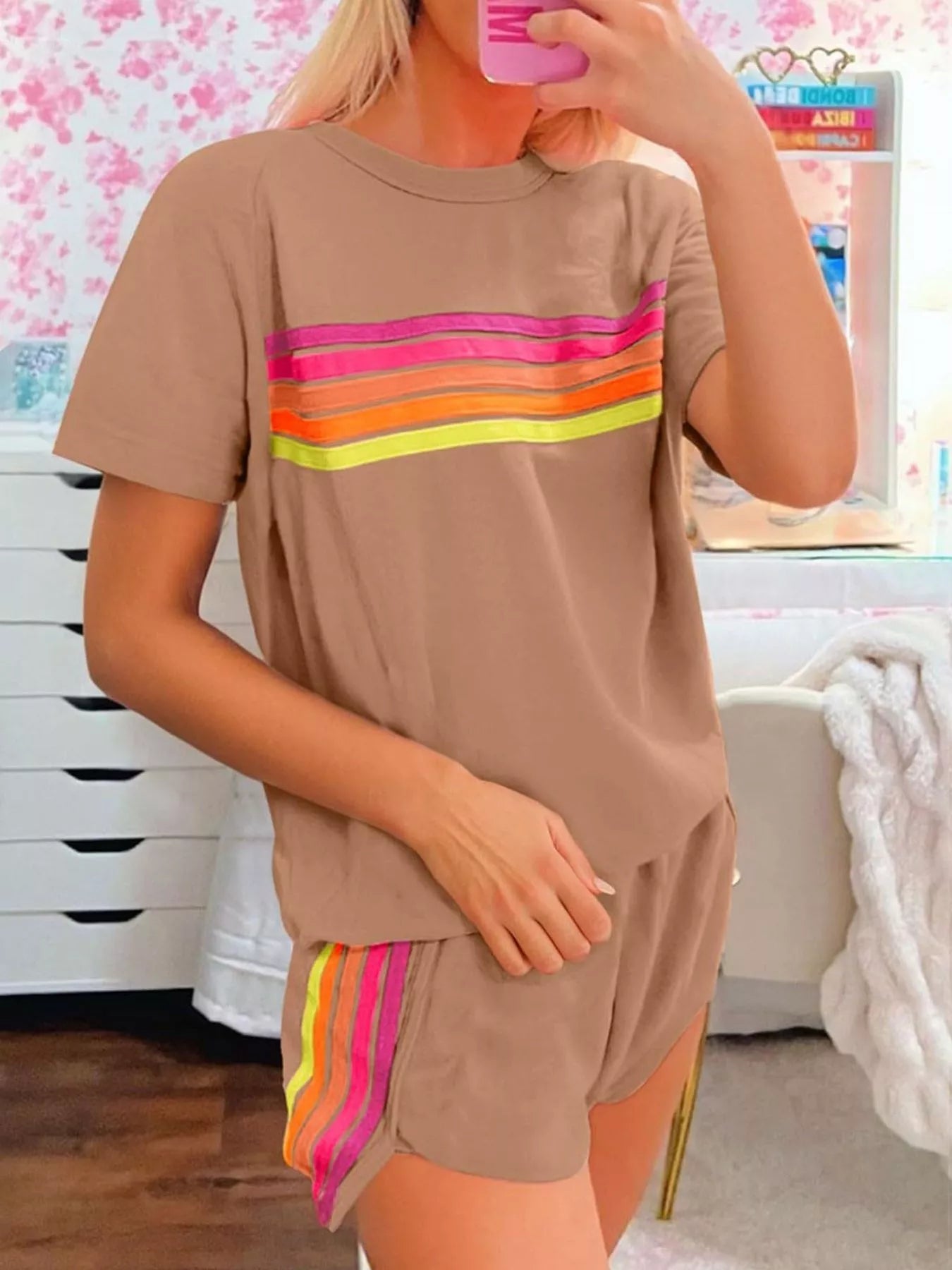 Hazel Blues® |  Rainbow Striped Round Neck Top and Shorts Set