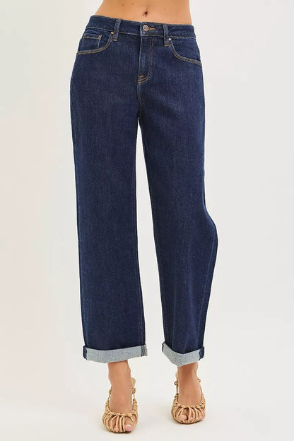 Hazel Blues® |  RISEN Slouchy Cropped  Boyfriend Jeans With Cuffed Hem