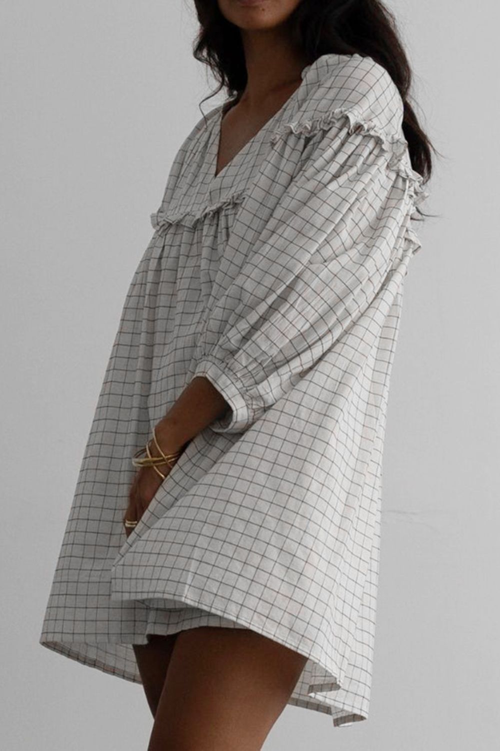 Hazel Blues® |  Frill Plaid Notched Balloon Sleeve Mini Dress