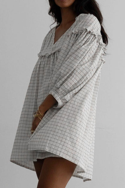 Hazel Blues® |  Frill Plaid Notched Balloon Sleeve Mini Dress