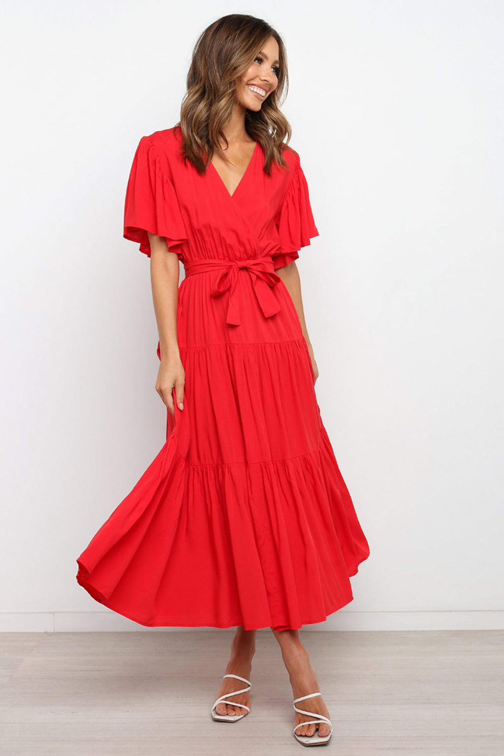 Hazel Blues® |  Front Tie Short Sleeve Tiered Midi Dress