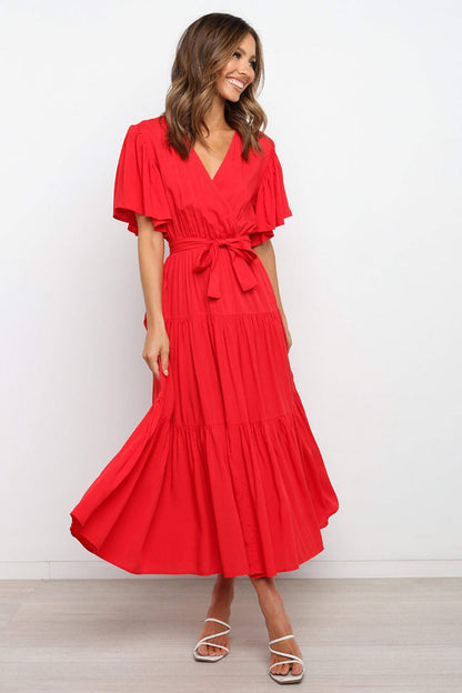 Hazel Blues® |  Front Tie Short Sleeve Tiered Midi Dress