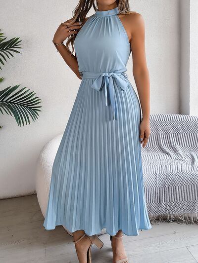 Hazel Blues® |  Grecian Neck Tie Waist Pleated Dress