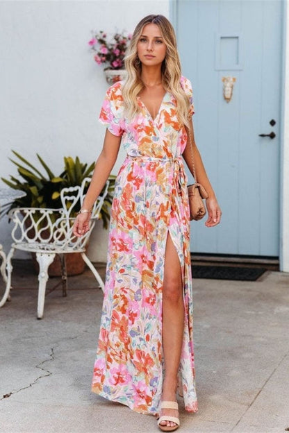 Hazel Blues® |  Printed Surplice Short Sleeve Tie Waist Maxi Dress