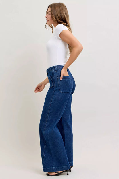 Hazel Blues® |  Judy Blue High-Waisted Retro Wide Jeans with Patch Pkts & Twisted Seams