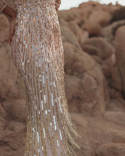 Pink Long Sleeve Fringe Embellished Column Gown