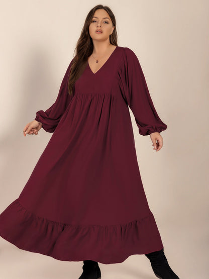 Hazel Blues® | Ruffled Hem V-Neck Balloon Sleeve Dress