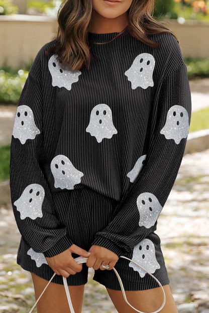 Hazel Blues® |  Glitter Ghost Round Neck Long Sleeve Top and Shorts Set