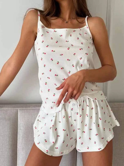 Hazel Blues® |  Floral Print Ribbed Knit Cami and Shorts Lounge Set