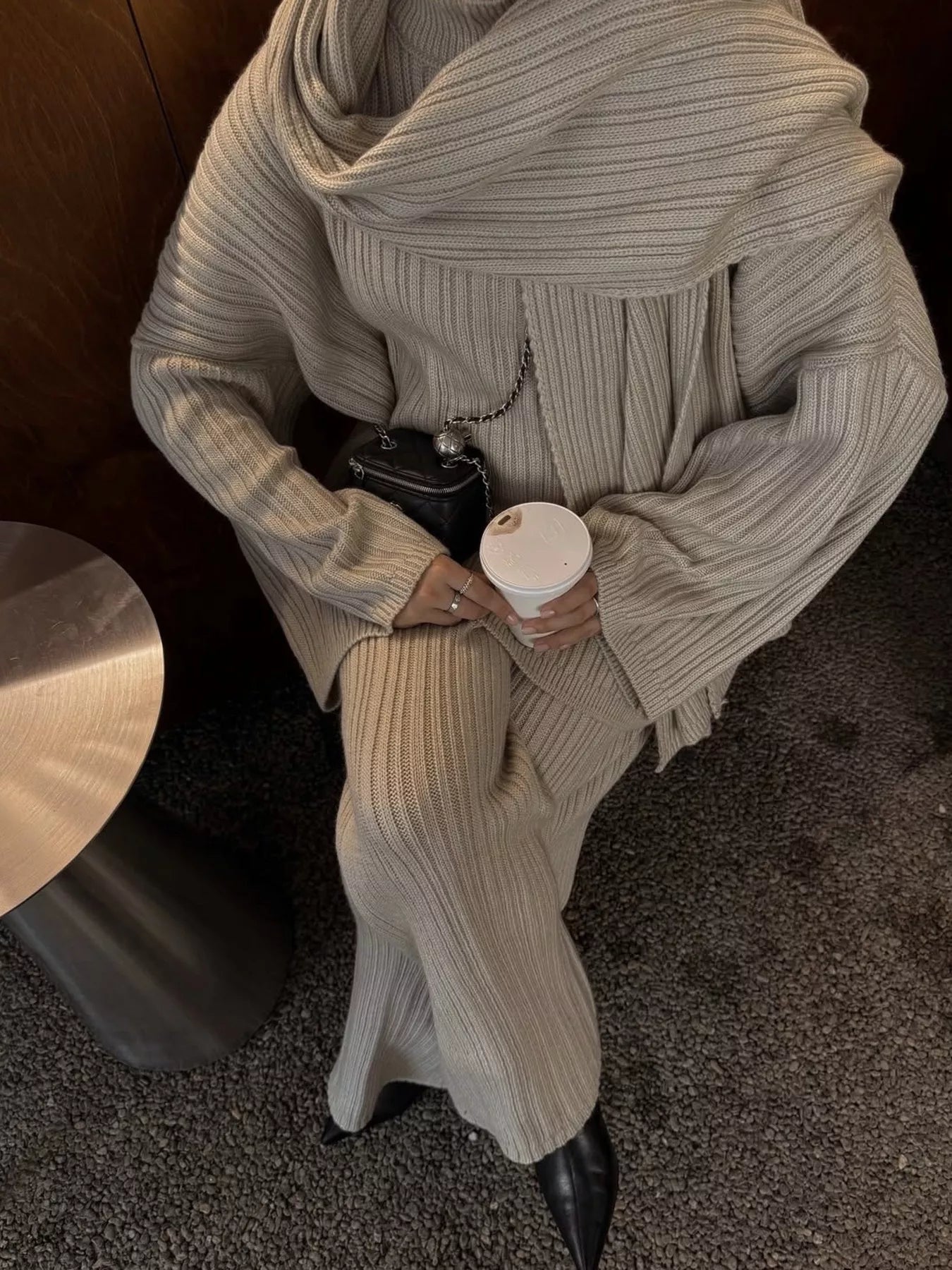Hazel Blues® |  3-Piece Crew Neck Ribbed Sweater and Wide-Leg Pants Set with Scarf