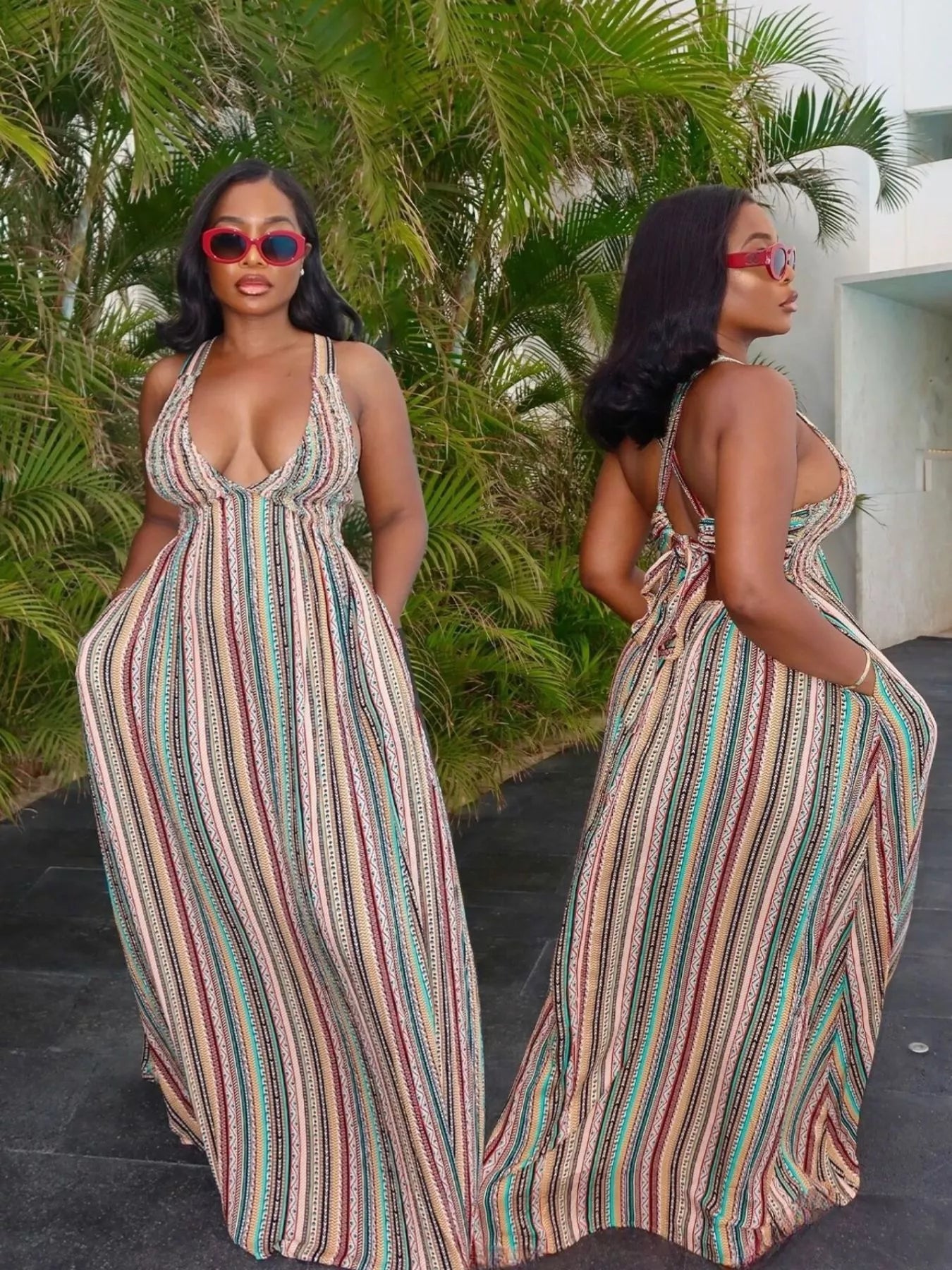 Hazel Blues® |  Striped Deep V-Neck Maxi Dress