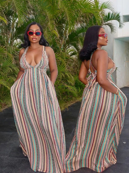 Hazel Blues® |  Striped Deep V-Neck Maxi Dress