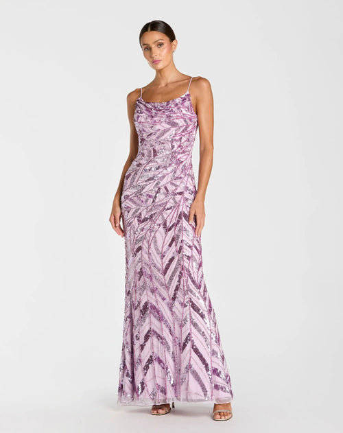 Purple Embellished Cowl Back Evening Gown