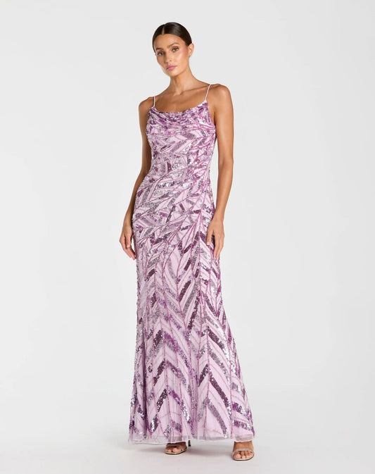 Purple Embellished Cowl Back Evening Gown
