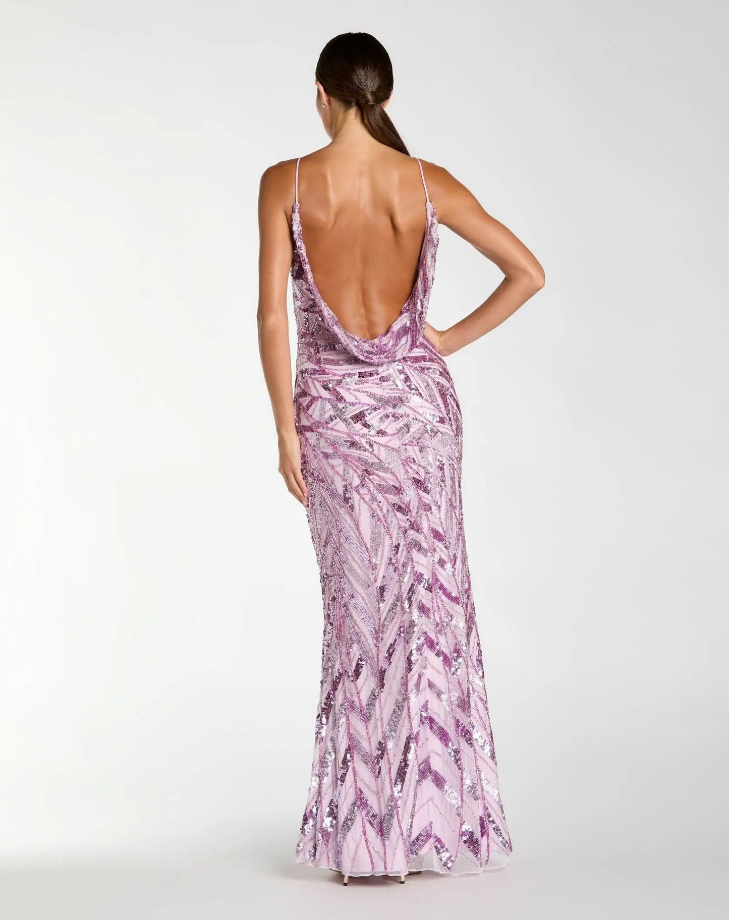Purple Embellished Cowl Back Evening Gown