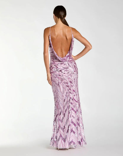 Purple Embellished Cowl Back Evening Gown