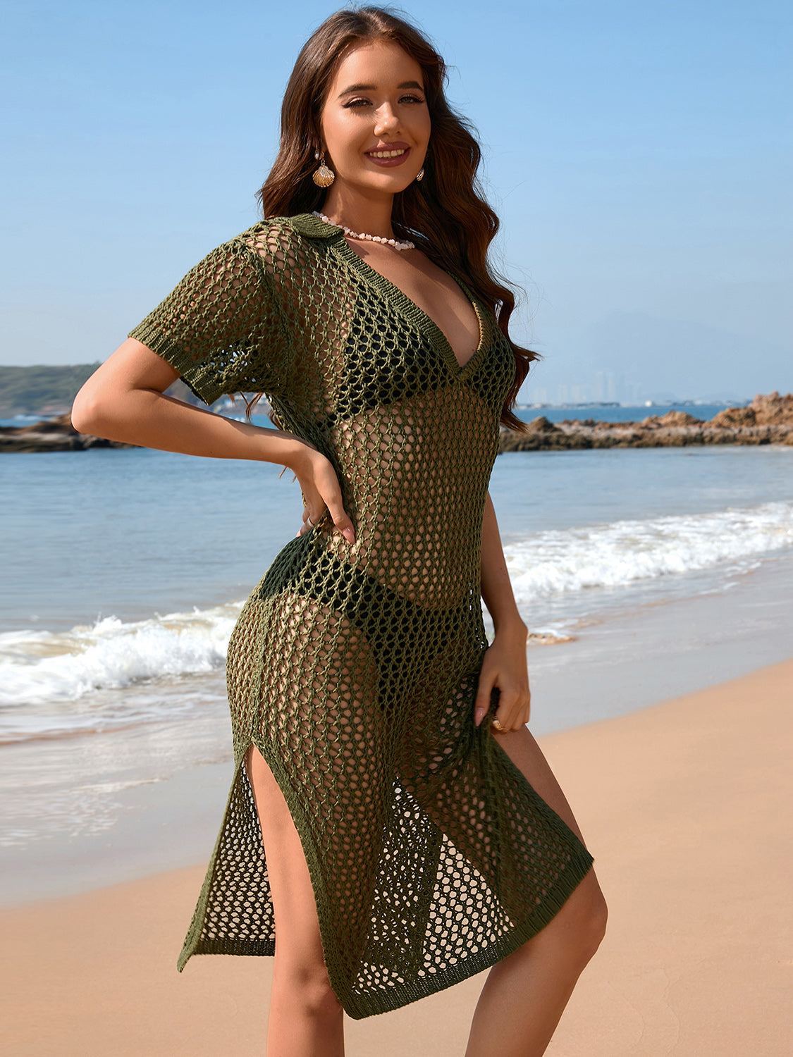 Hazel Blues® | Slit Openwork Johnny Collar Short Sleeve Cover-Up
