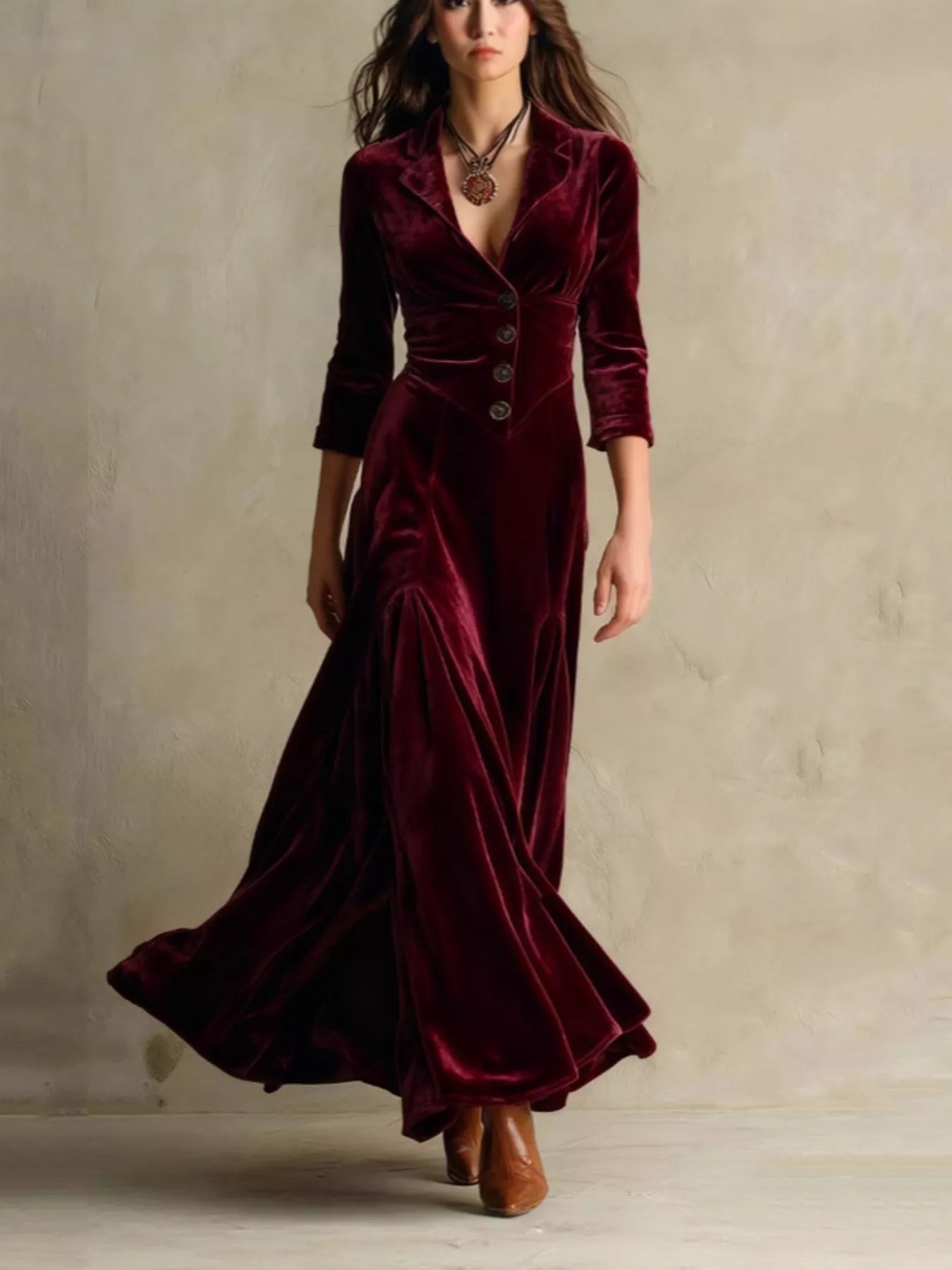 Hazel Blues® |  Velvet Button Front 3/4 Sleeve Maxi Dress