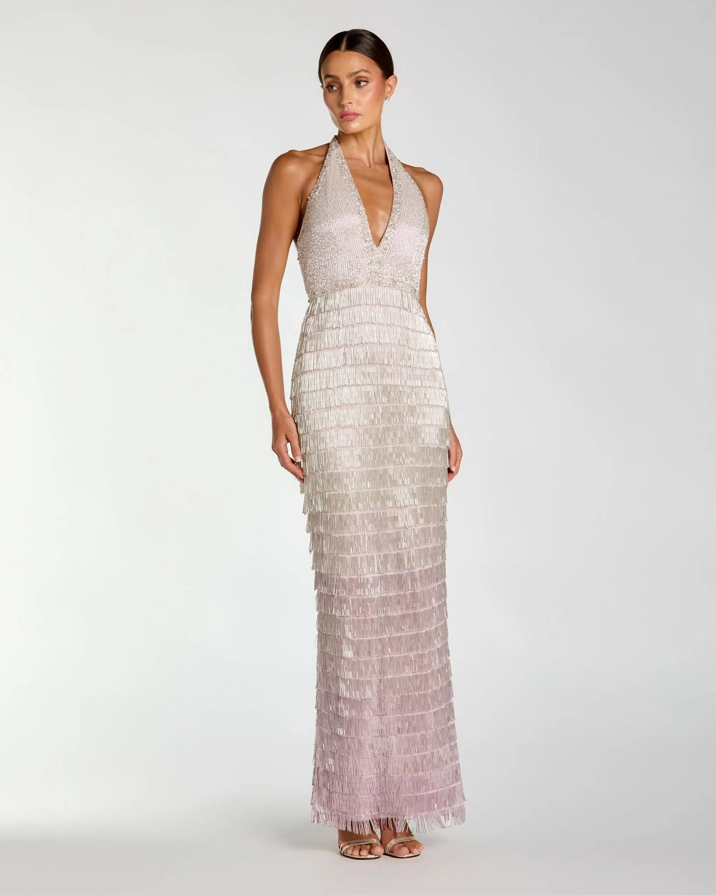 Purple and Silver Halter Neck Embellished Fringe Gown